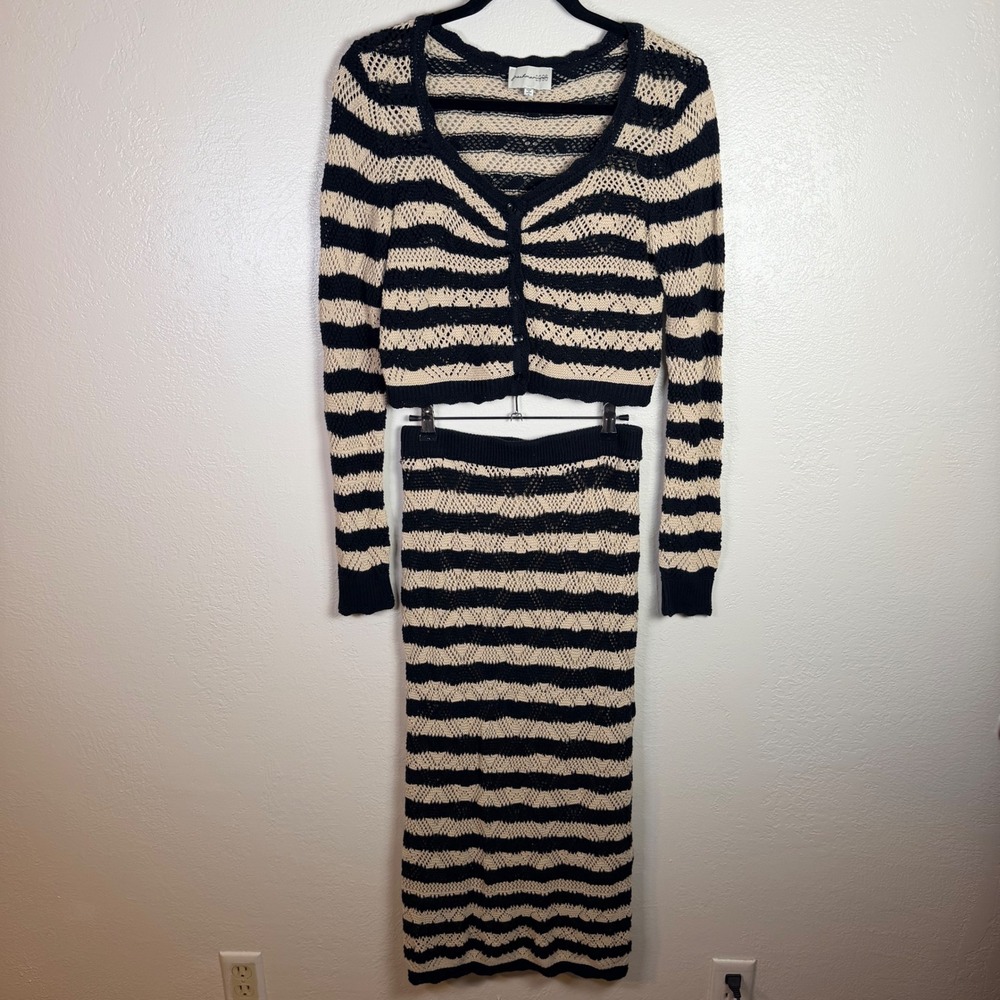 Freshman 1996 Women's M Striped Knit Set Cardigan Midi Skirt Retro Boho Parisian